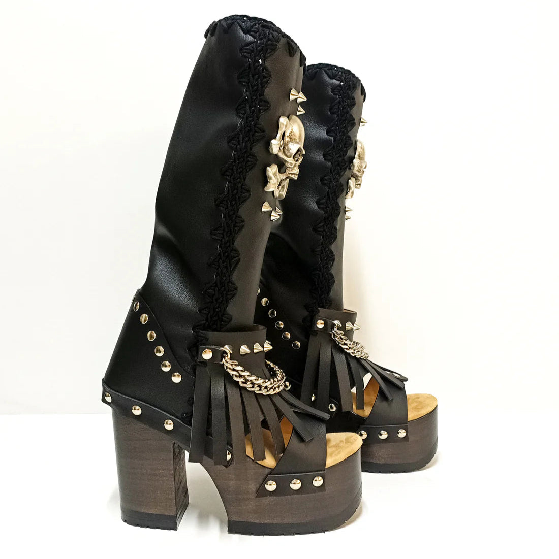 Black Punk - Style Platform Boots with Skull & Chain Details