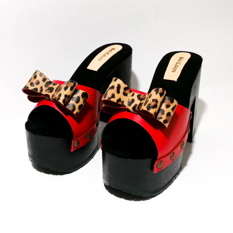Leopard - Bow Contrast Color Platform Mules