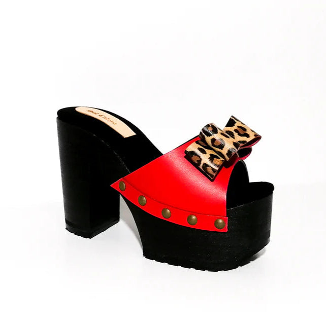 Leopard - Bow Contrast Color Platform Mules