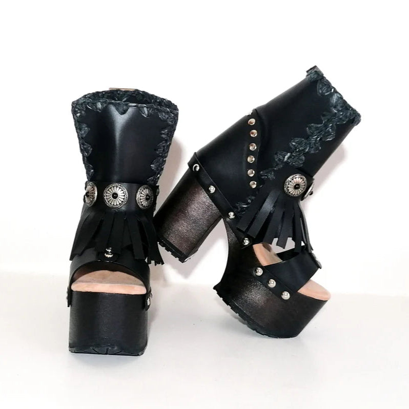 Black Leather Embroidered Platform Gladiator Sandals