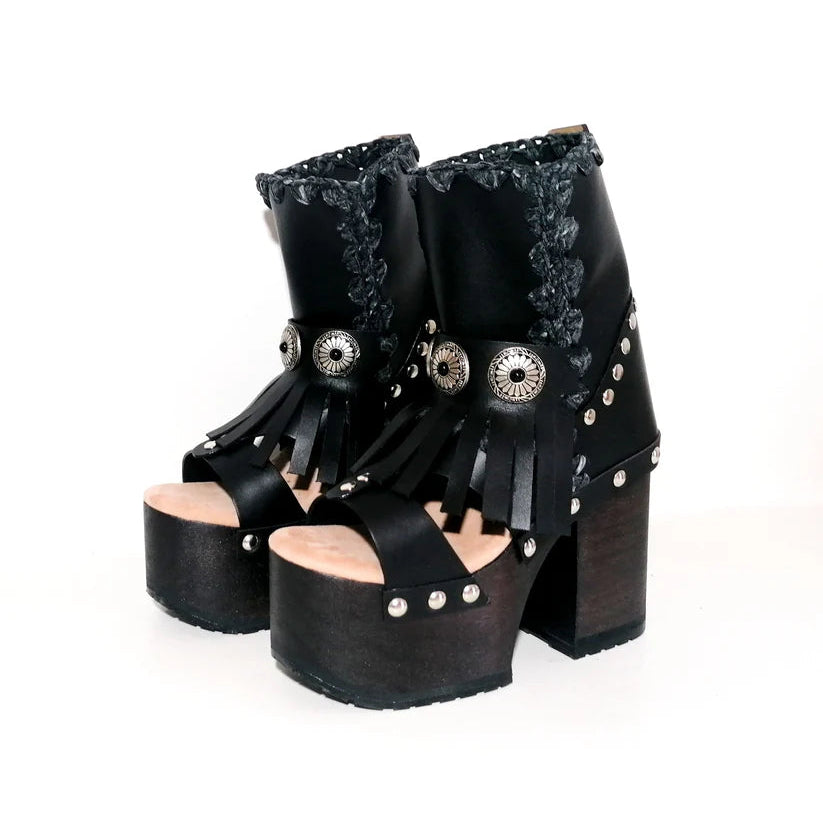 Black Leather Embroidered Platform Gladiator Sandals