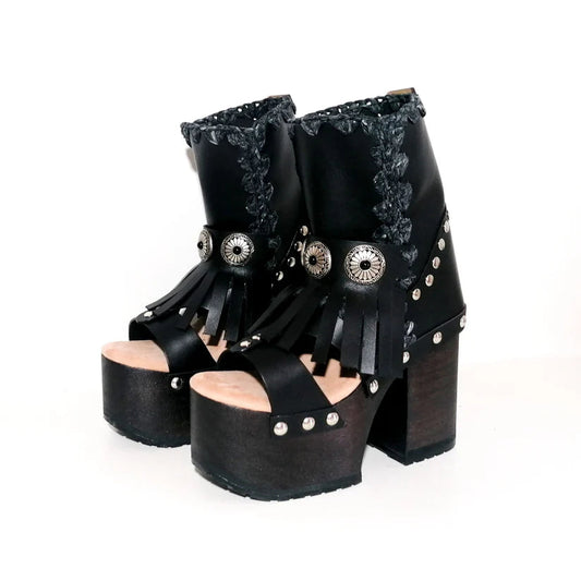 Black Leather Embroidered Platform Gladiator Sandals