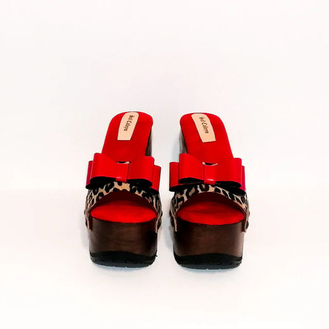 Leopard - Print Bow - Accent Platform Mules