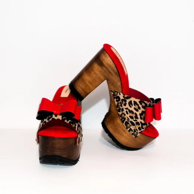 Leopard - Print Bow - Accent Platform Mules