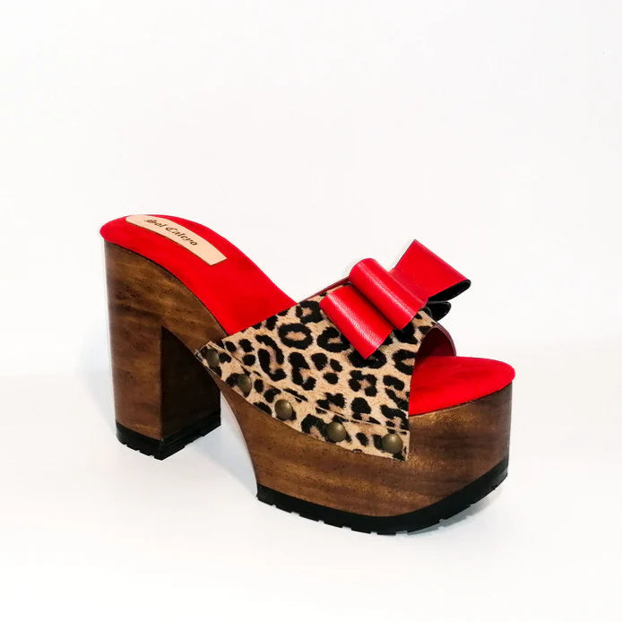 Leopard - Print Bow - Accent Platform Mules