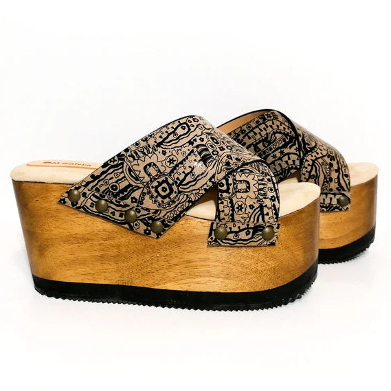 Paisley - Print Cross - Strap Wooden Platform Slides