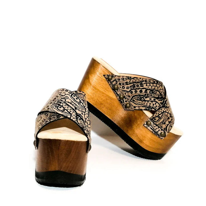 Paisley - Print Cross - Strap Wooden Platform Slides