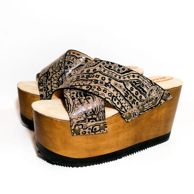 Paisley - Print Cross - Strap Wooden Platform Slides