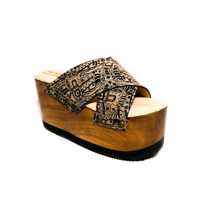 Paisley - Print Cross - Strap Wooden Platform Slides