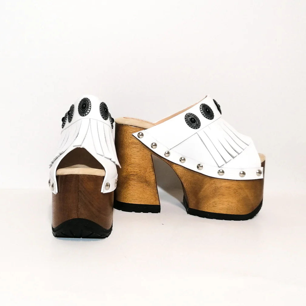 White Fringe Platform Sandals with Wooden Heels