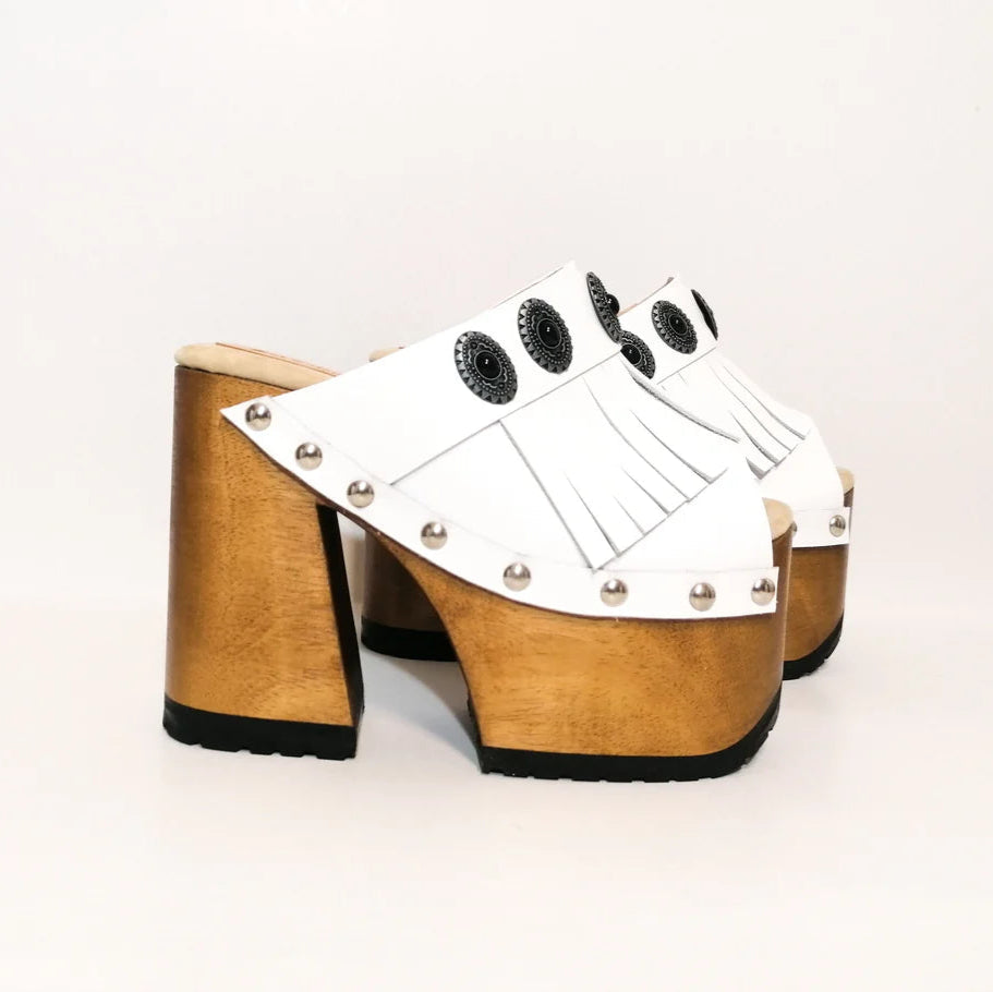 White Fringe Platform Sandals with Wooden Heels