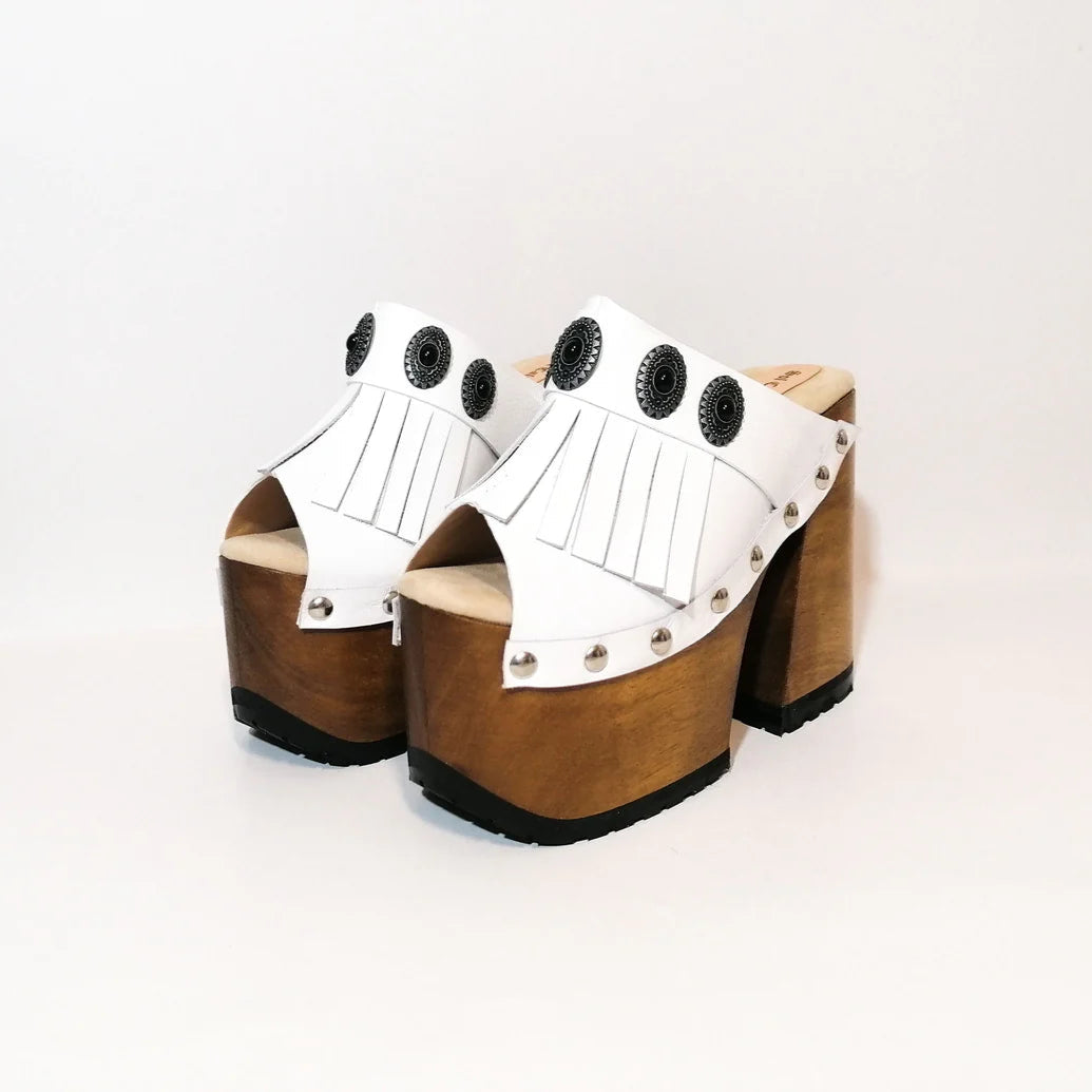 White Fringe Platform Sandals with Wooden Heels