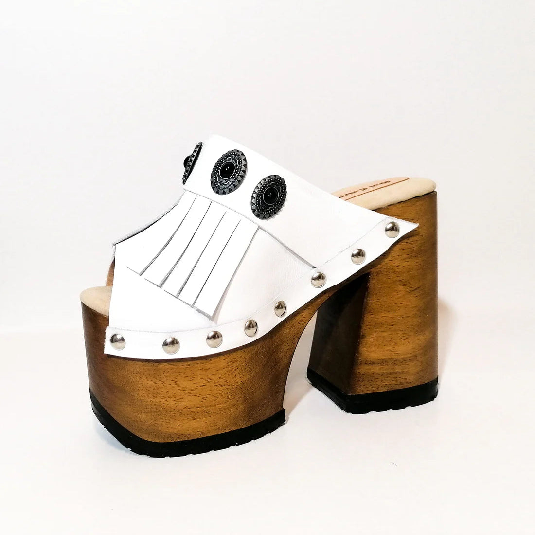 White Fringe Platform Sandals with Wooden Heels