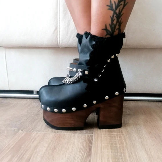 Black Leather Studded Chain - Accent Wooden Platform Ankle Boots
