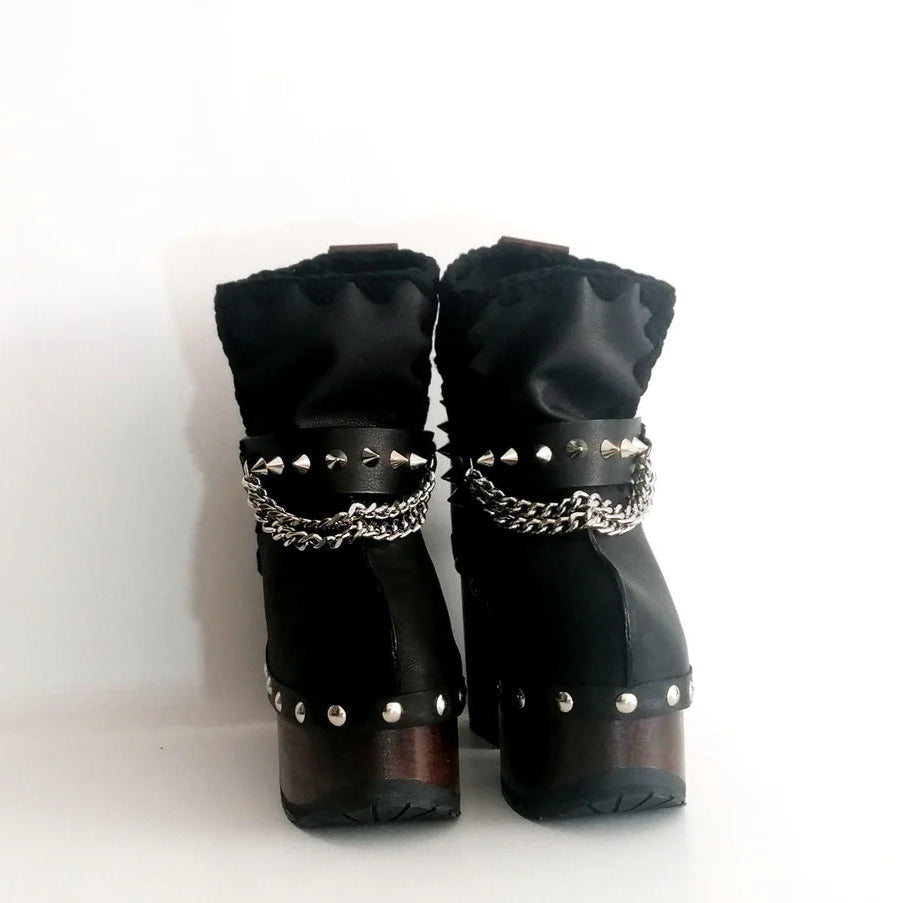 Black Leather Studded Chain - Accent Wooden Platform Ankle Boots