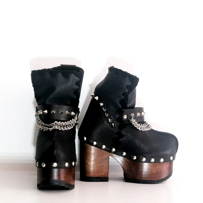 Black Leather Studded Chain - Accent Wooden Platform Ankle Boots