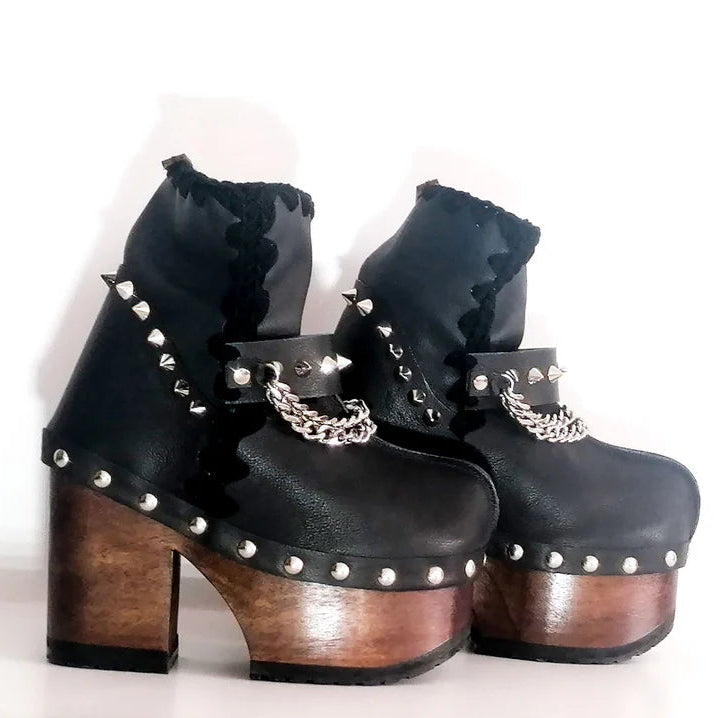 Black Leather Studded Chain - Accent Wooden Platform Ankle Boots