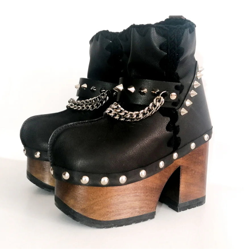 Black Leather Studded Chain - Accent Wooden Platform Ankle Boots