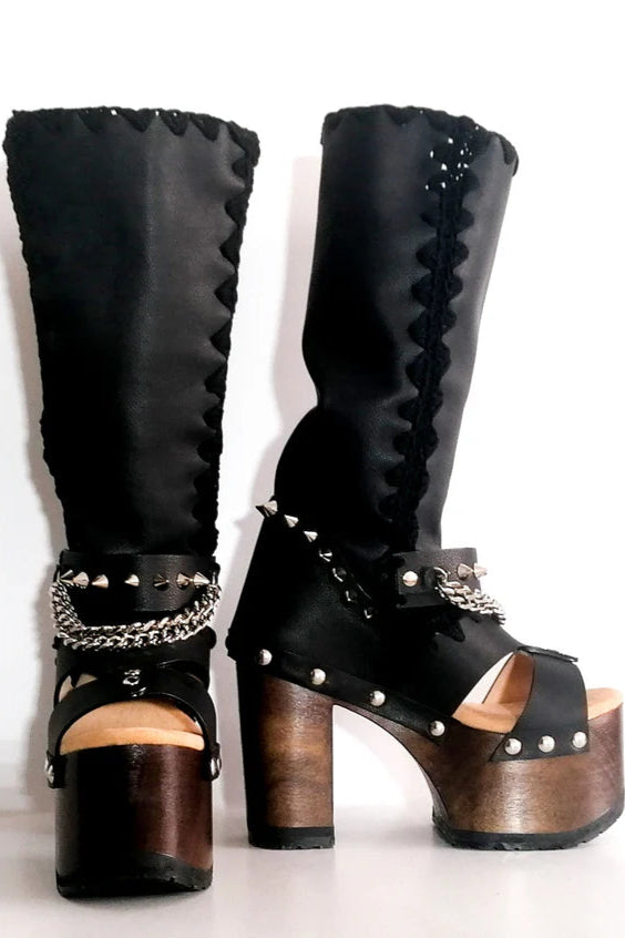 Black Leather Chain - Accent Platform Gladiator Sandals