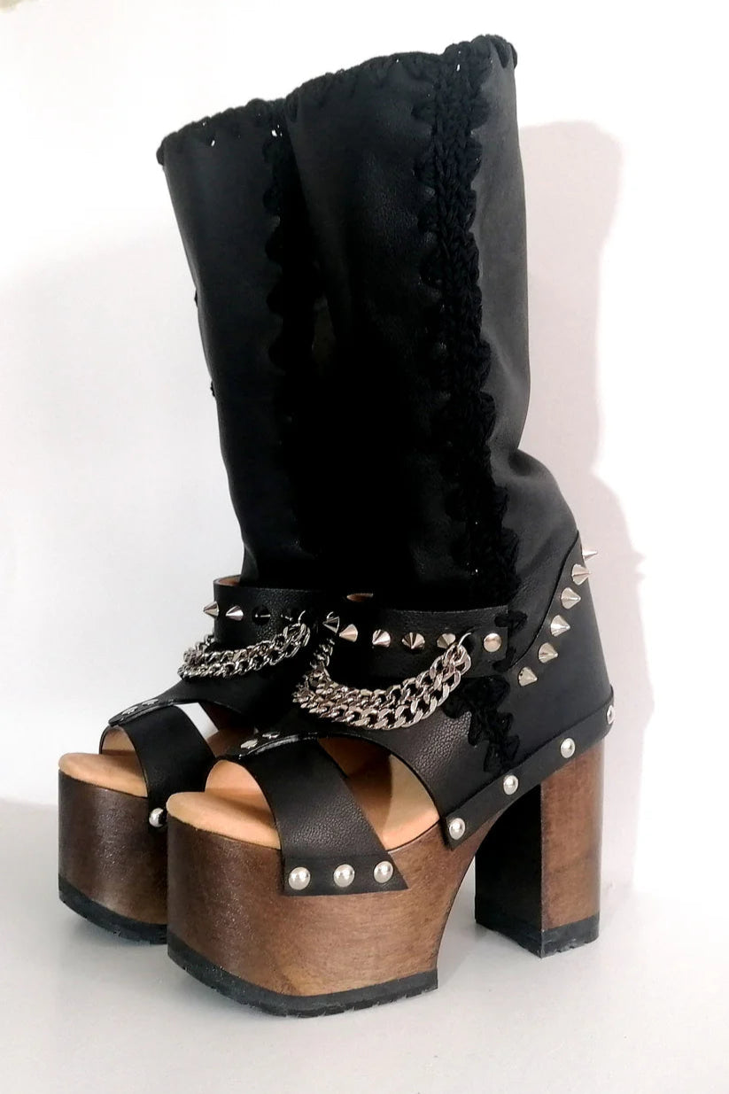 Black Leather Chain - Accent Platform Gladiator Sandals