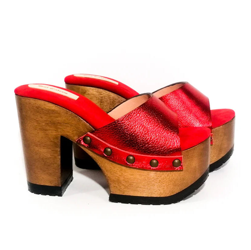 Red Metallic Leather Wooden Clog Mules