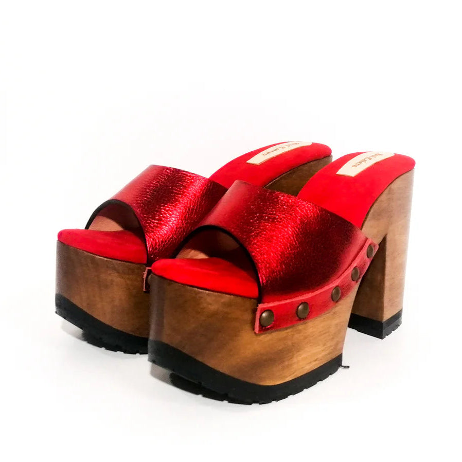 Red Metallic Leather Wooden Clog Mules