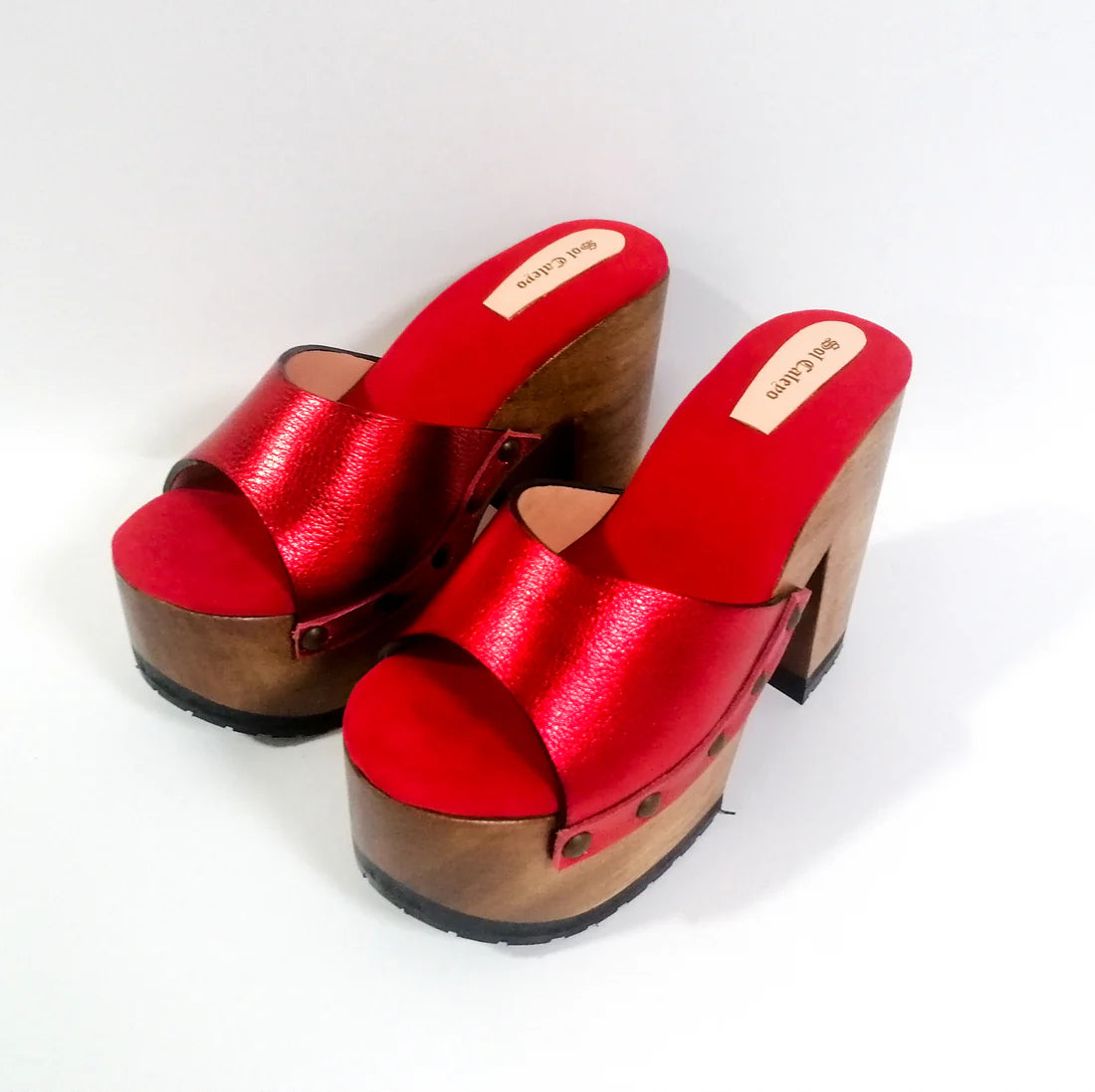 Red Metallic Leather Wooden Clog Mules