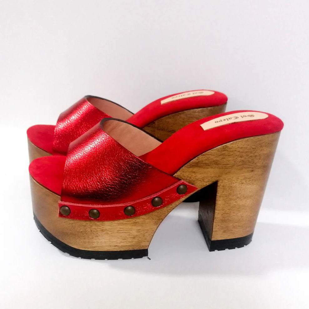 Red Metallic Leather Wooden Clog Mules