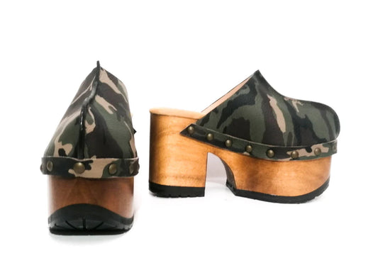 Camo - Print Studded Platform Clog Mules