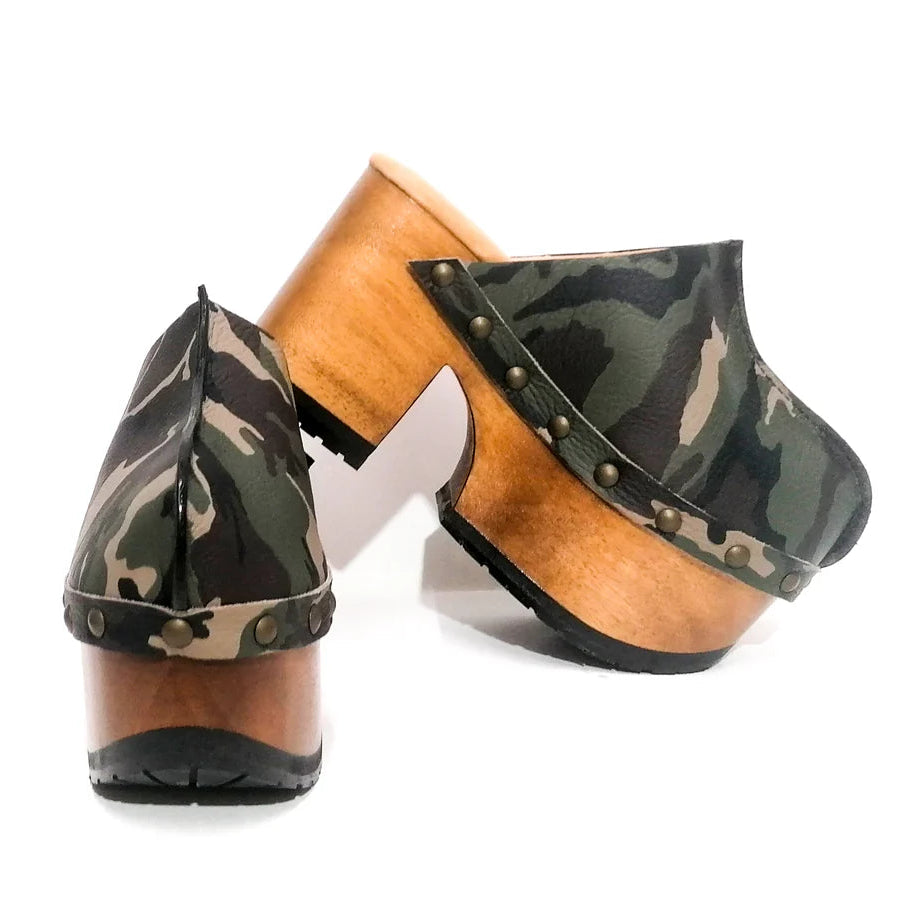 Camo - Print Studded Platform Clog Mules
