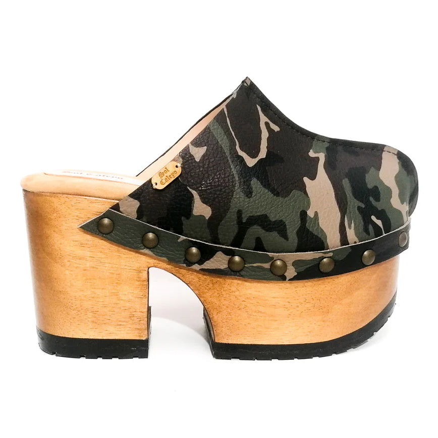 Camo - Print Studded Platform Clog Mules