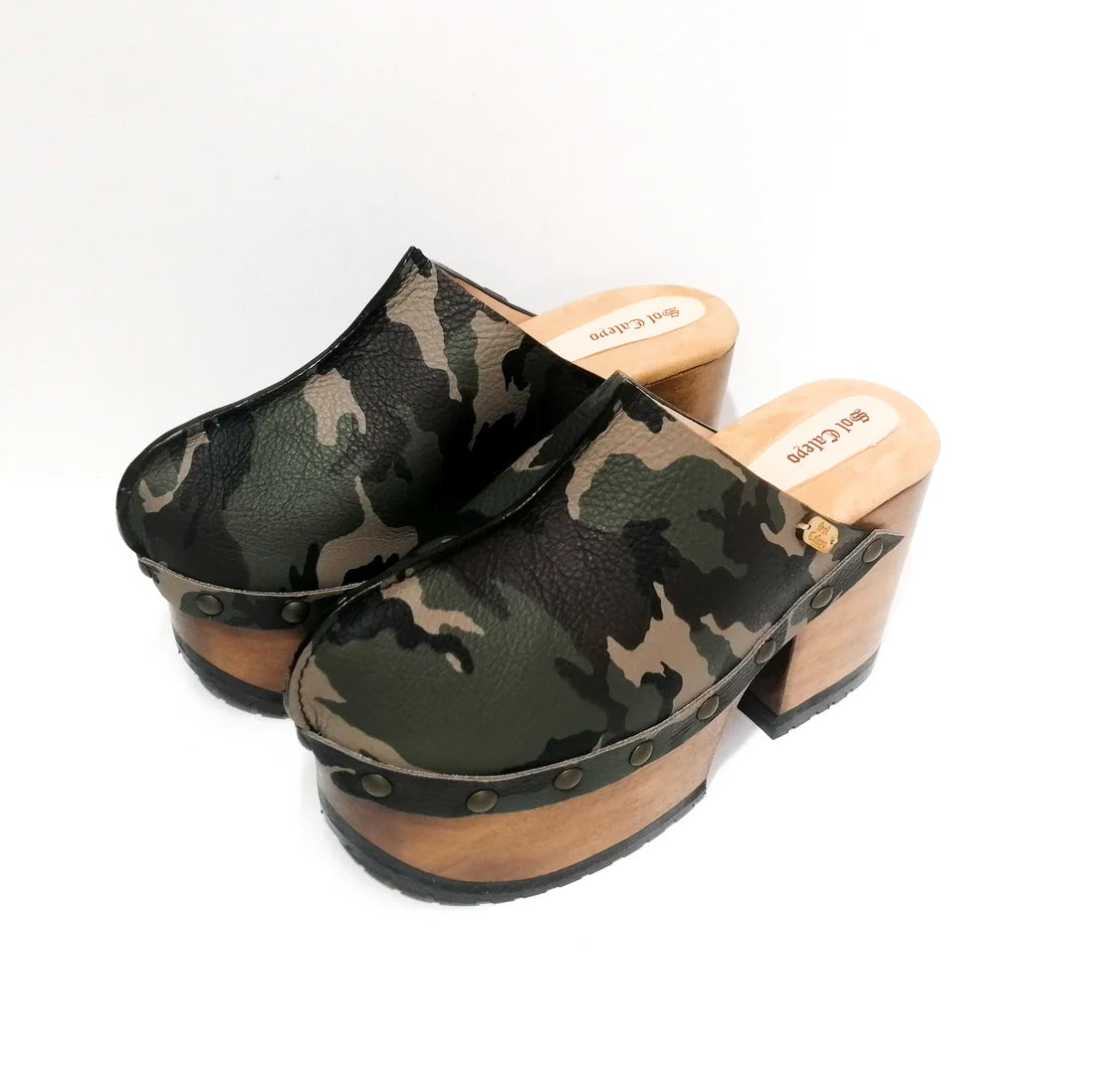 Camo - Print Studded Platform Clog Mules
