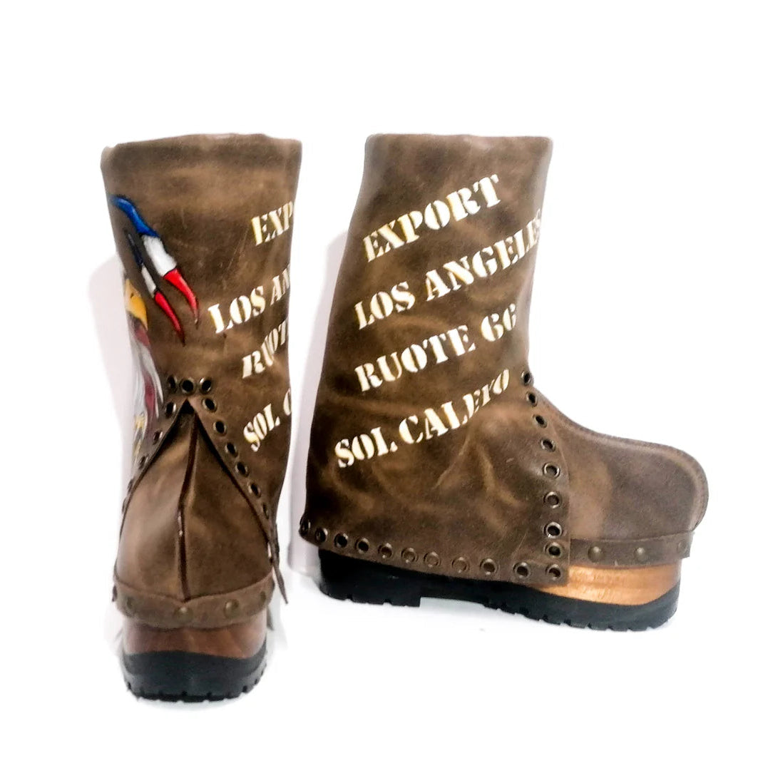 Brown Leather Eagle - Printed American Flag Platform Clog Boots