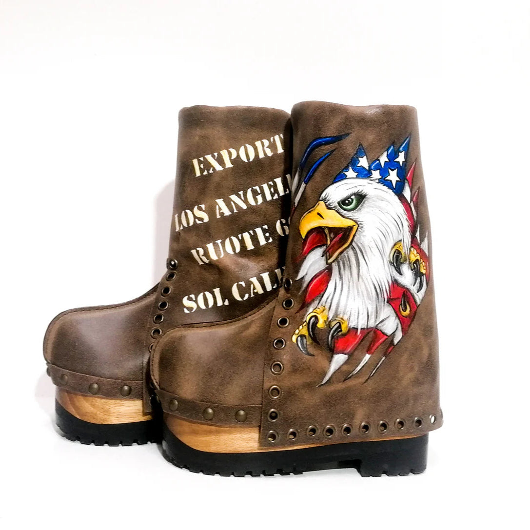 Brown Leather Eagle - Printed American Flag Platform Clog Boots