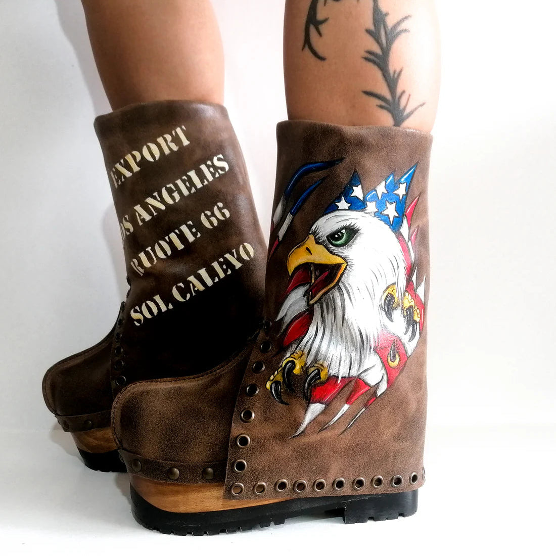 Brown Leather Eagle - Printed American Flag Platform Clog Boots