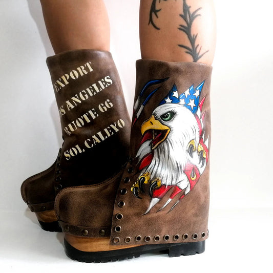Brown Leather Eagle - Printed American Flag Platform Clog Boots