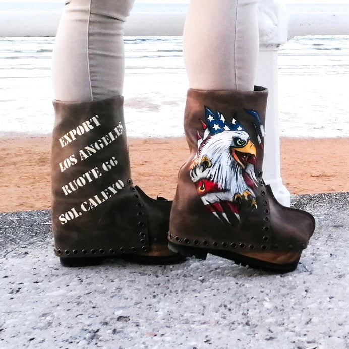 Brown Leather Eagle - Printed American Flag Platform Clog Boots