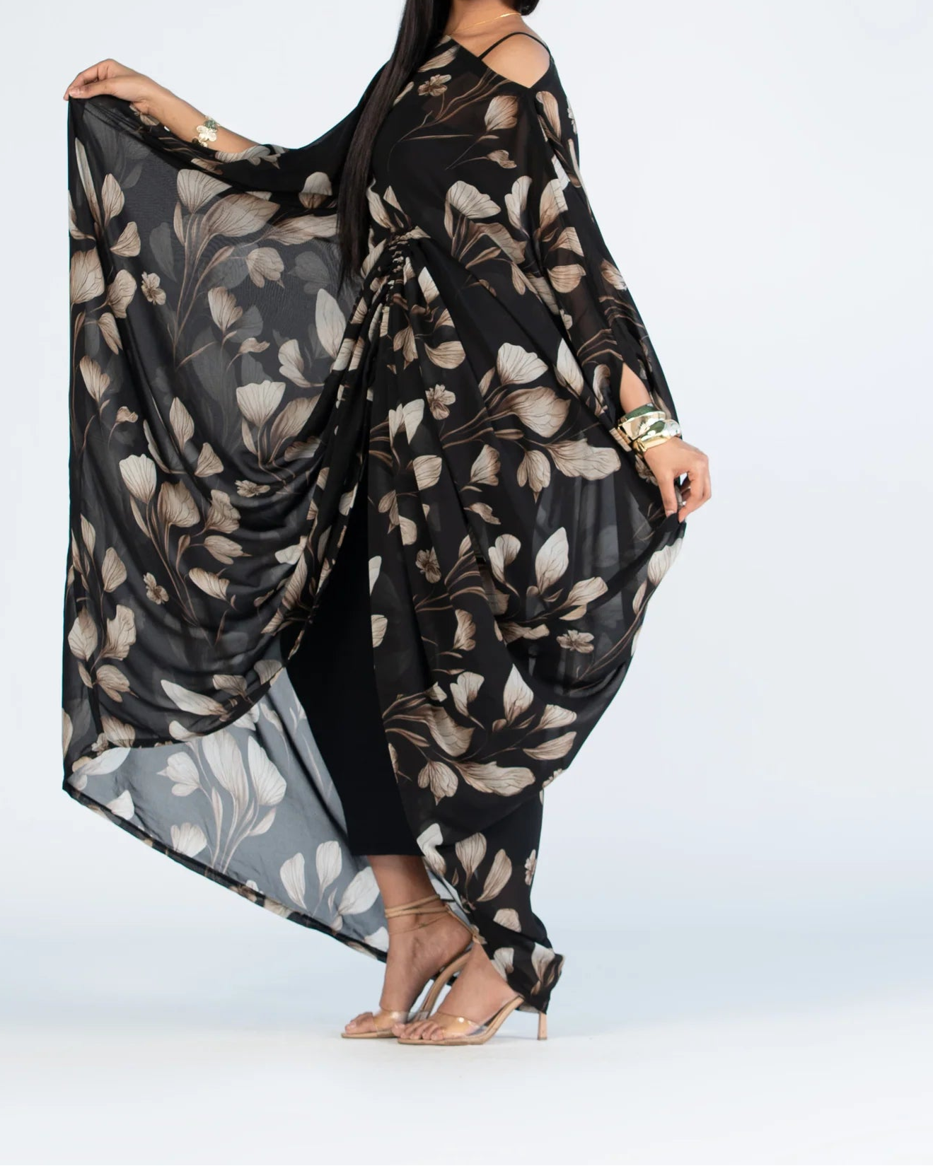 Black and Beige Leaf - Print Off - Shoulder Maxi Dress