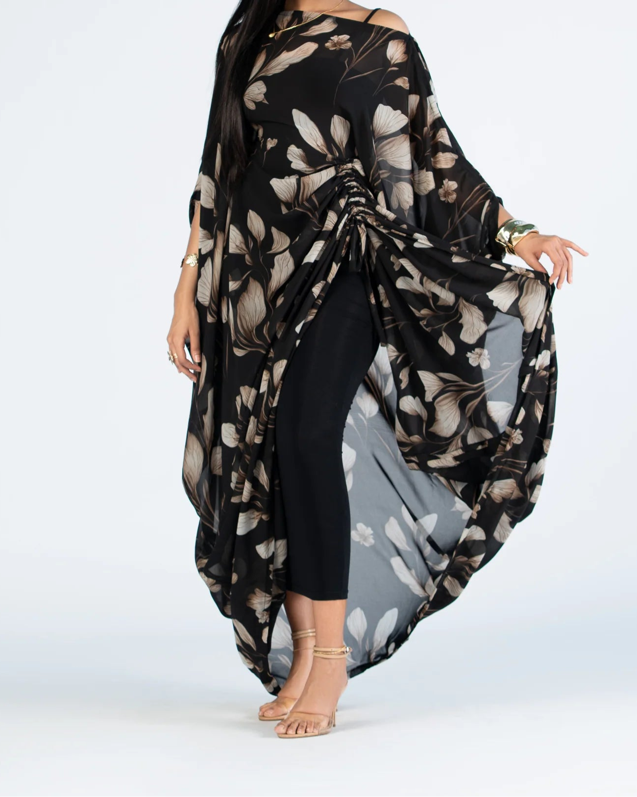 Black and Beige Leaf - Print Off - Shoulder Maxi Dress
