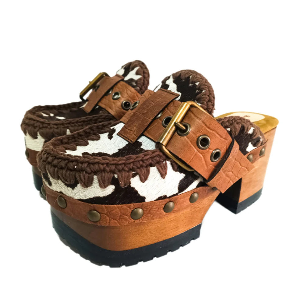 Cow - Print Crochet Clogs with Buckles