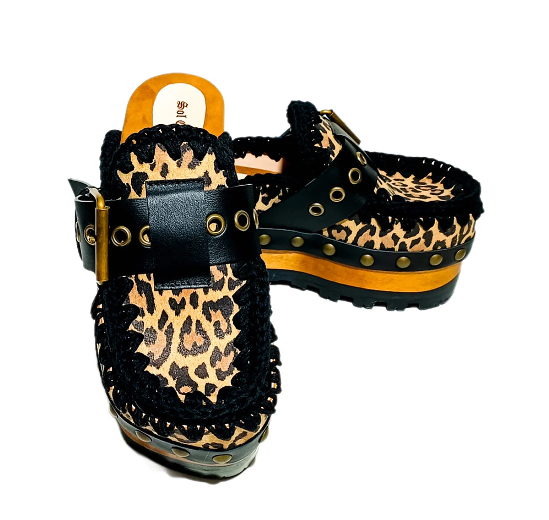 Leopard - Print Crochet - Trimmed Platform Clog Mules