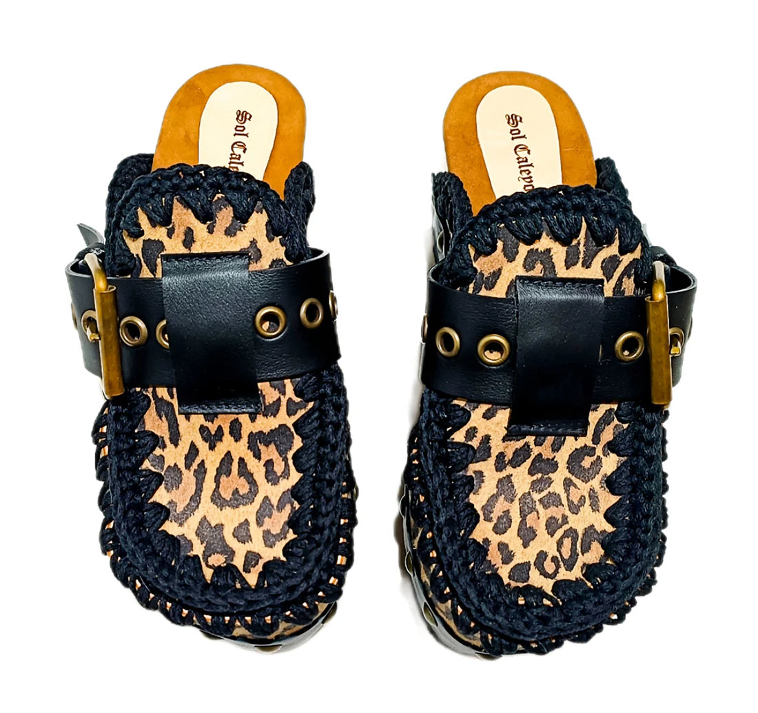 Leopard - Print Crochet - Trimmed Platform Clog Mules