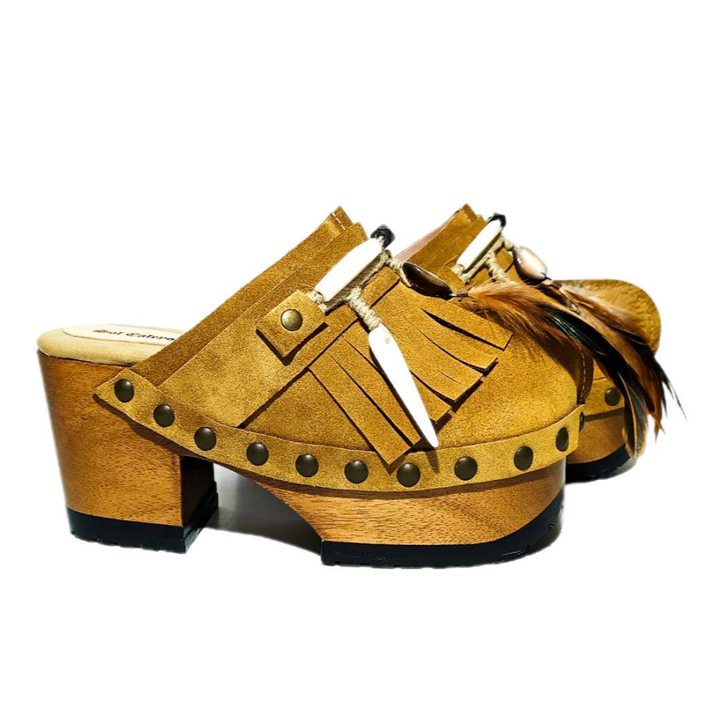Boho - Style Fringe & Feather Platform Clogs