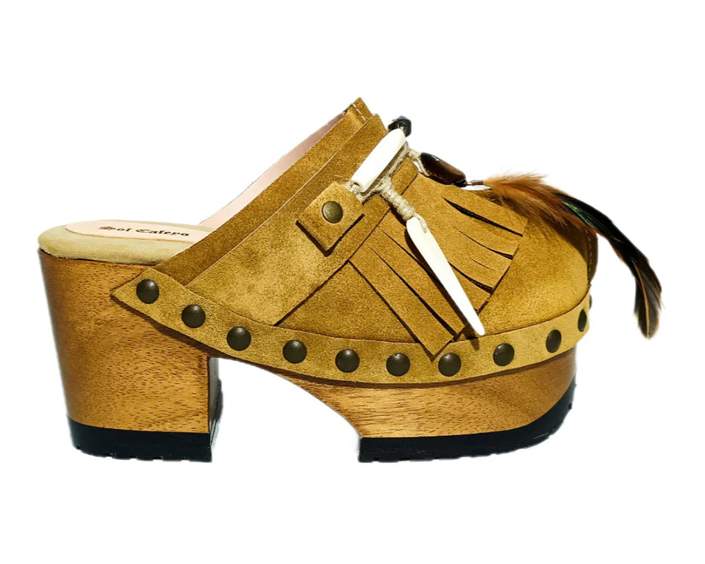 Boho - Style Fringe & Feather Platform Clogs