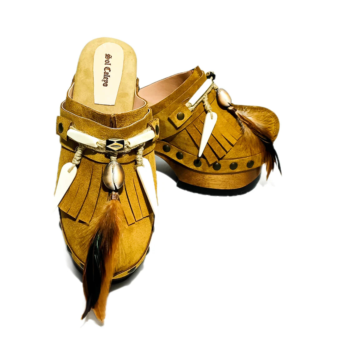 Boho - Style Fringe & Feather Platform Clogs