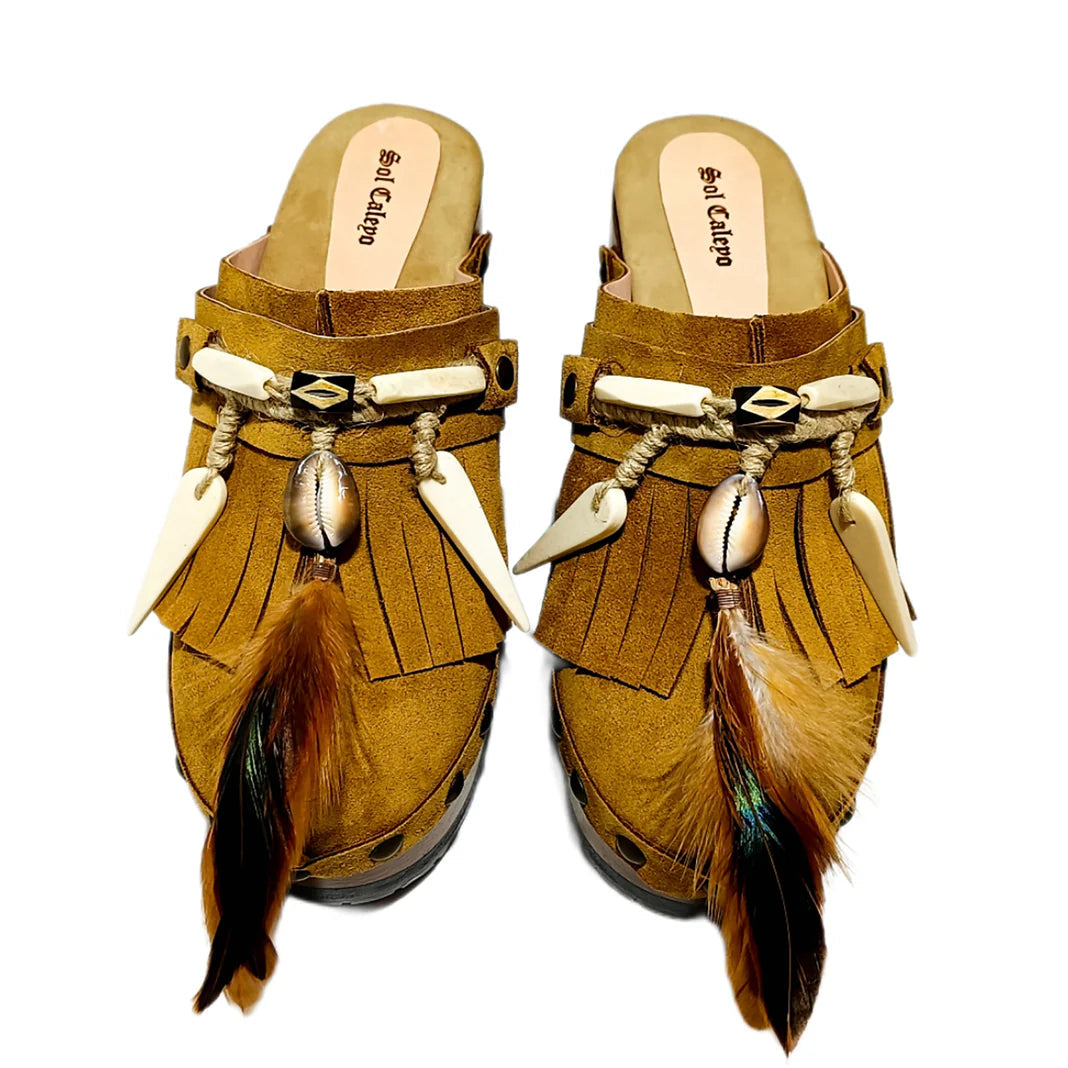 Boho - Style Fringe & Feather Platform Clogs