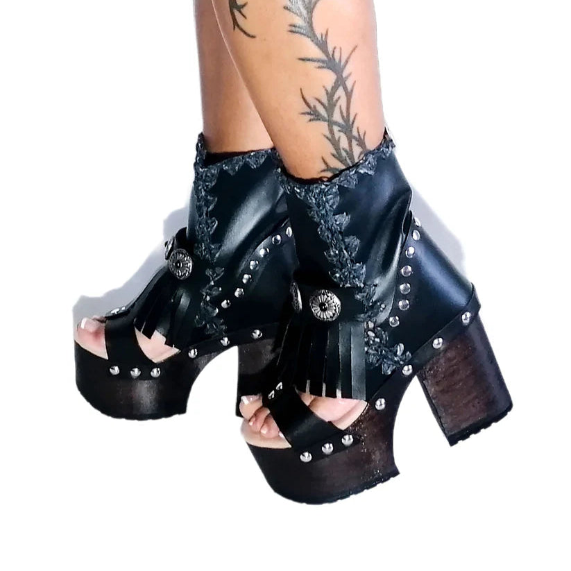 Black Leather Embroidered Platform Gladiator Sandals