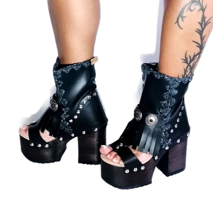 Black Leather Embroidered Platform Gladiator Sandals