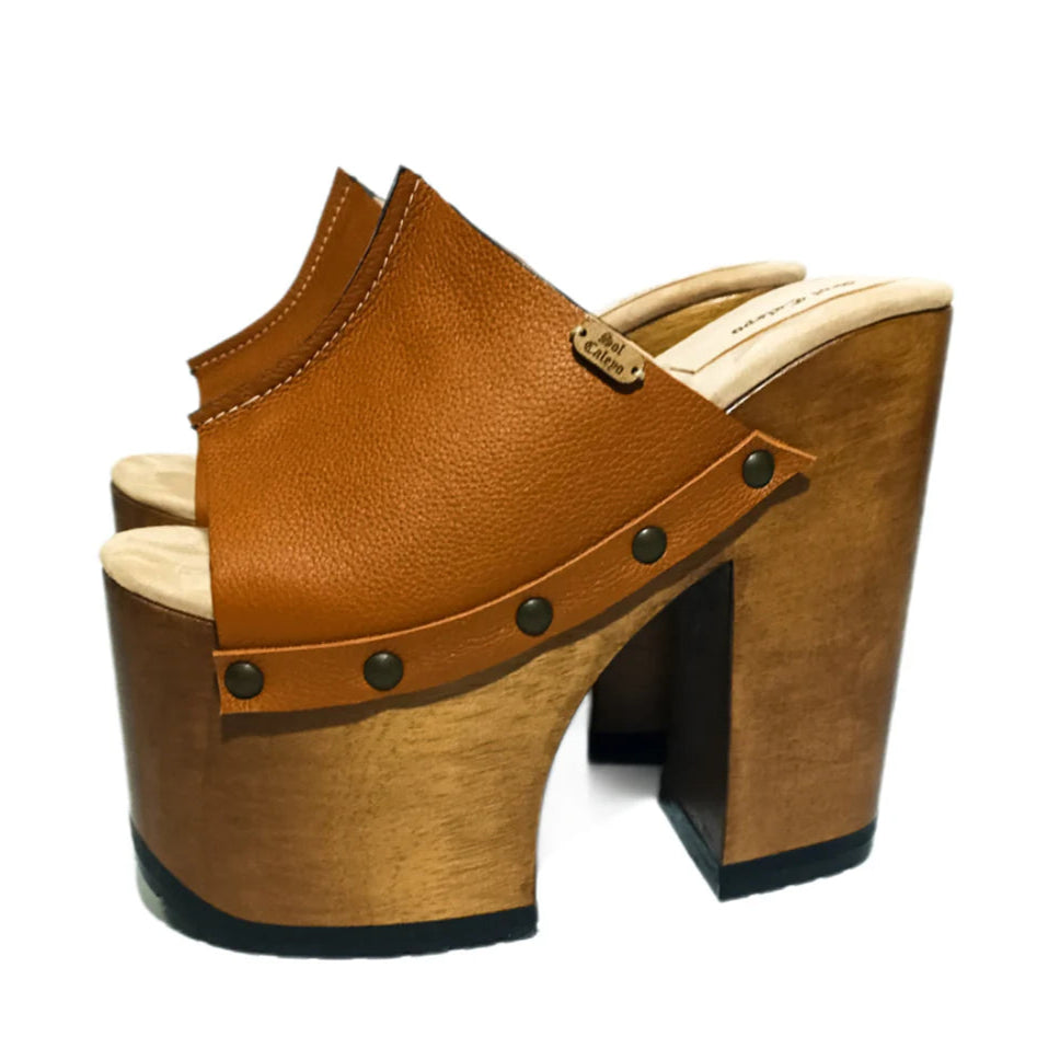 Brown Leather Platform Mule Sandals