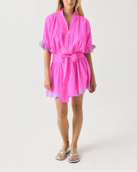 Neon Pink Belted Dress with Ruffled Trim